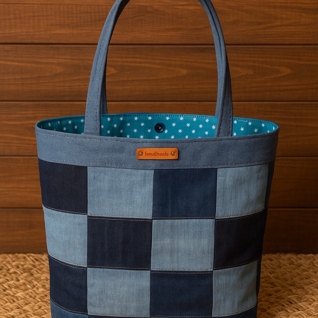 Détail du sac damier en denim recyclé – motif artisanal – Onaé