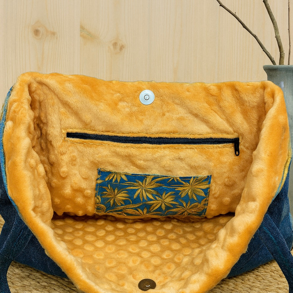 Doublure minky boule moutarde – intérieur du sac boule en jean recyclé