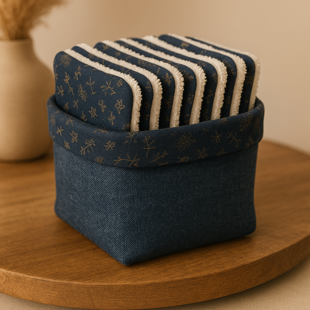 Panier carré en jean recyclé doublé de tissu bleu marine à motifs dorés – fait main