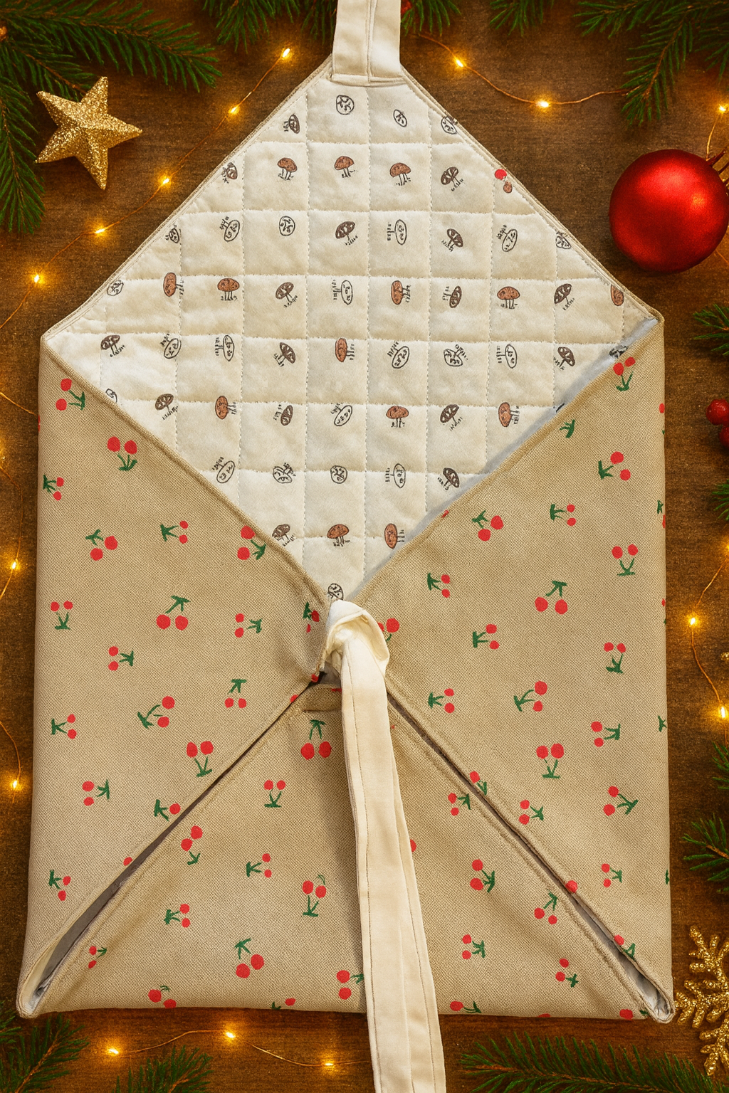 Vue du sac à tarte en lin imprimé cerises – anses croisées – Onaé