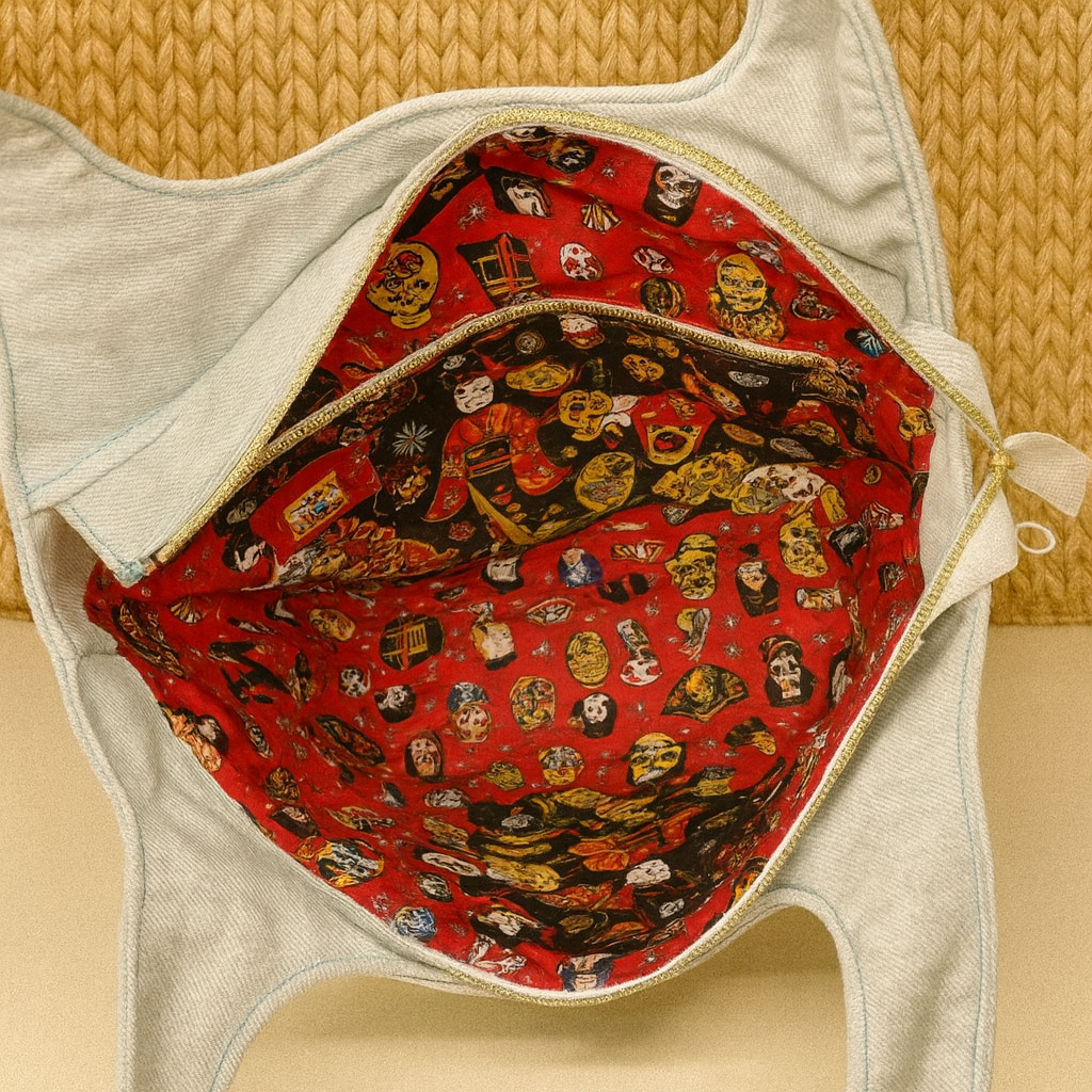 Doublure rouge motifs poupées chinoises – intérieur du sac artisanal Onaé
