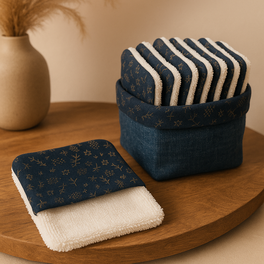 Panier en jean recyclé avec lot de 7 lingettes lavables motif bleu marine doré – création artisanale
