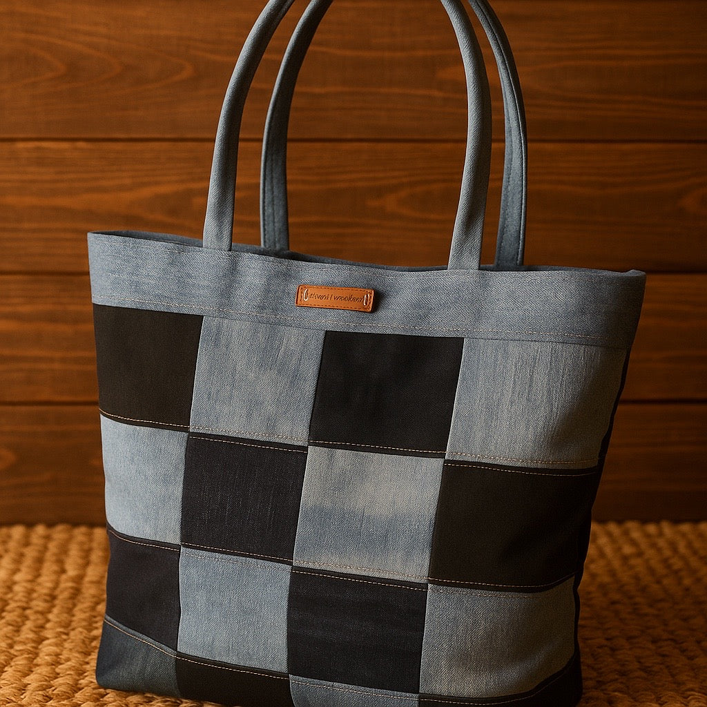 Sac damier en jean recyclé porté épaule – édition unique – Onaé
