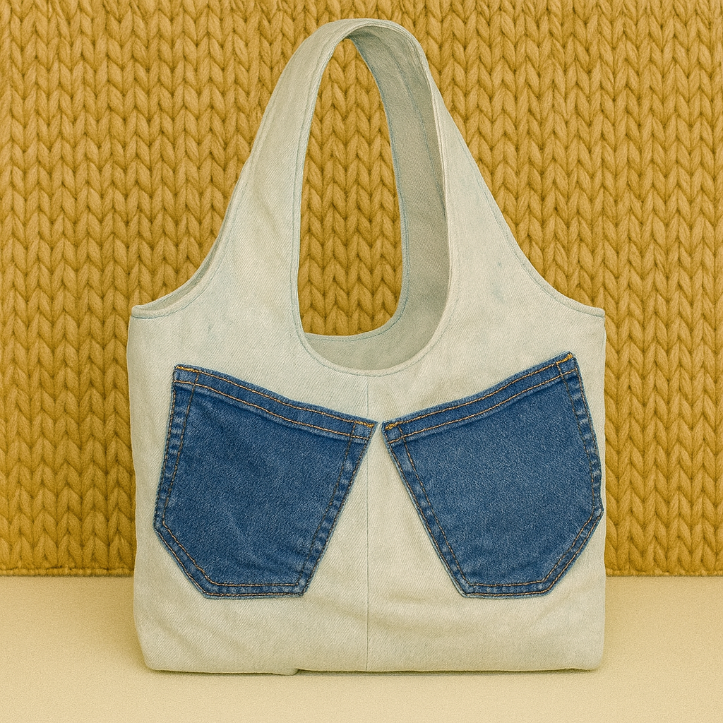 Sac en jean clair recyclé avec anses et détails couture – pièce unique

