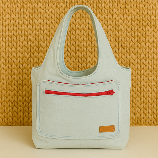Sac à main en jean clair recyclé avec poche zippée – création artisanale Onaé
