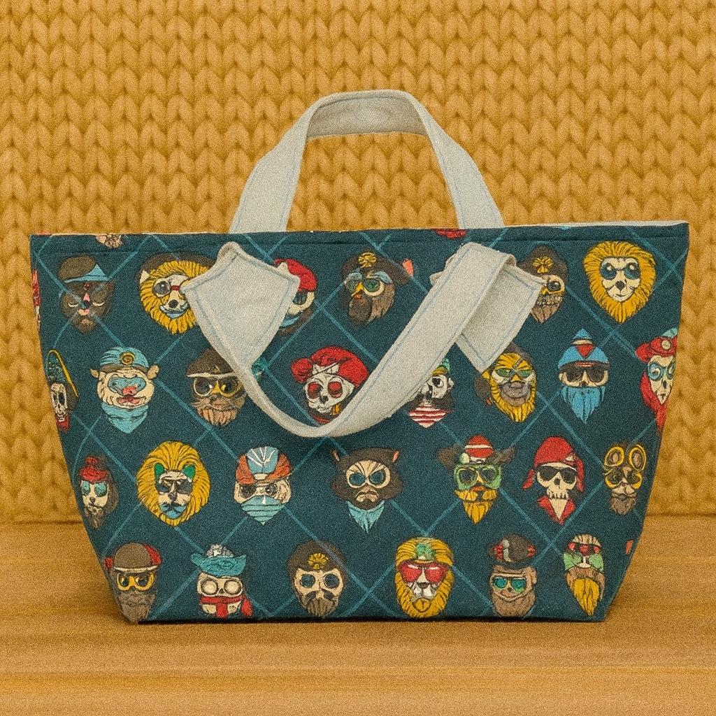 Sac à main pièce unique en tissu vert à motifs chiens avec anses blanches
