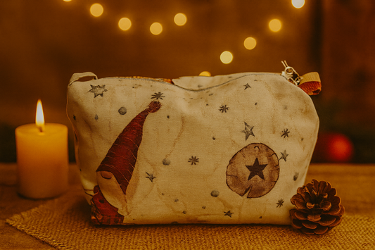 Trousse de toilette Noël beige imprimé gnomes doublure minky parme – Onaé
