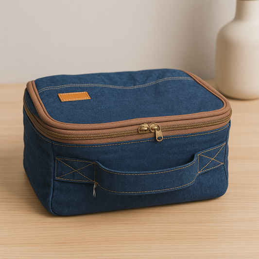 Vanity en jean recyclé édition unique doublé tissu turquoise et jaune – Onaé
